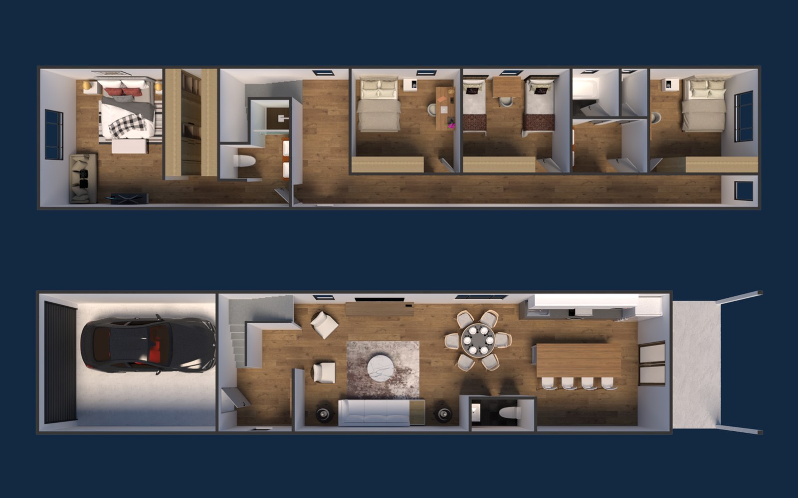 Top-down 3D renderings of both floors of the Learning Linden rowhouse, furnished, from the garage and kitchen to four bedrooms