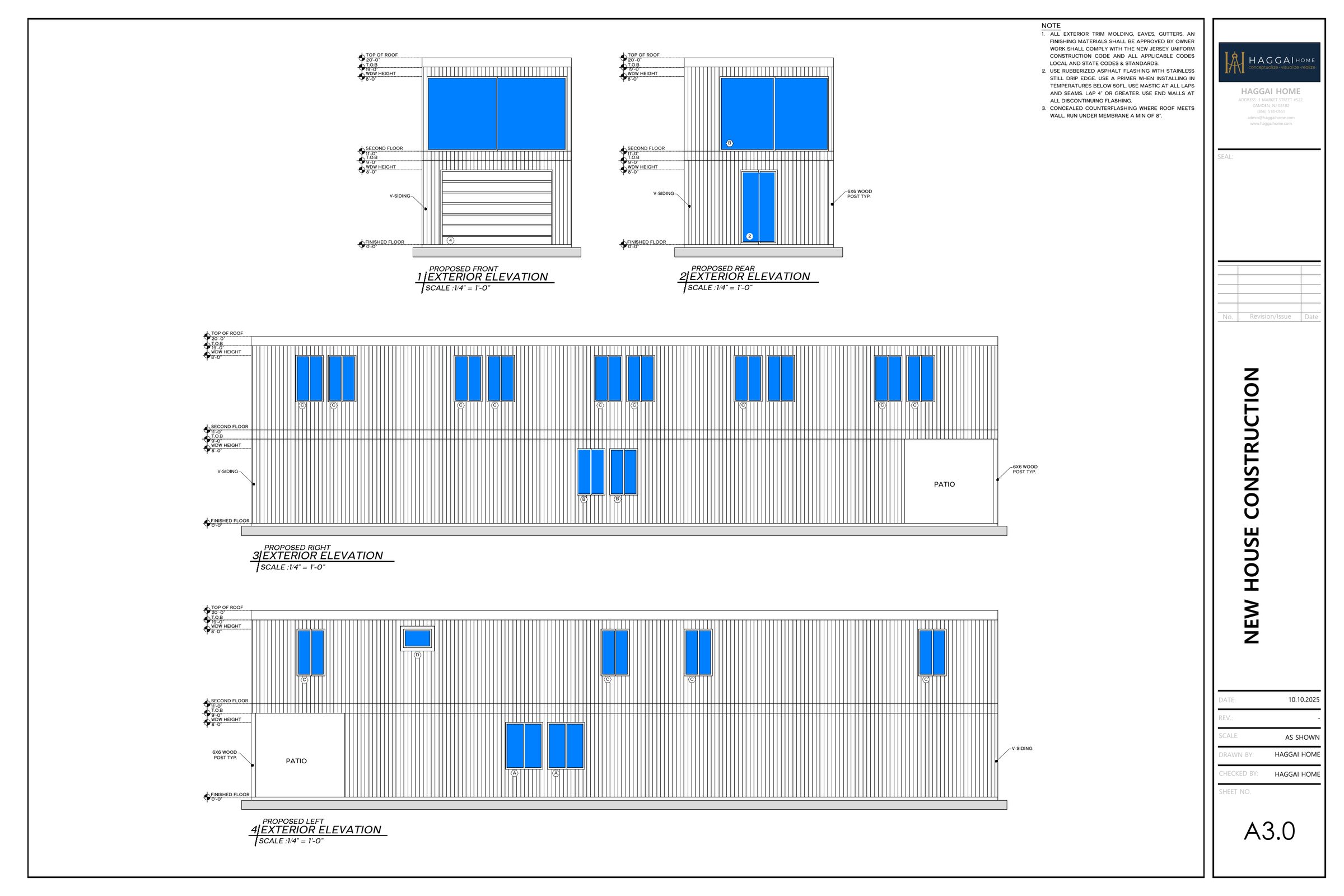 Sheet A3.0, Elevations, from the Learning Linden permit set