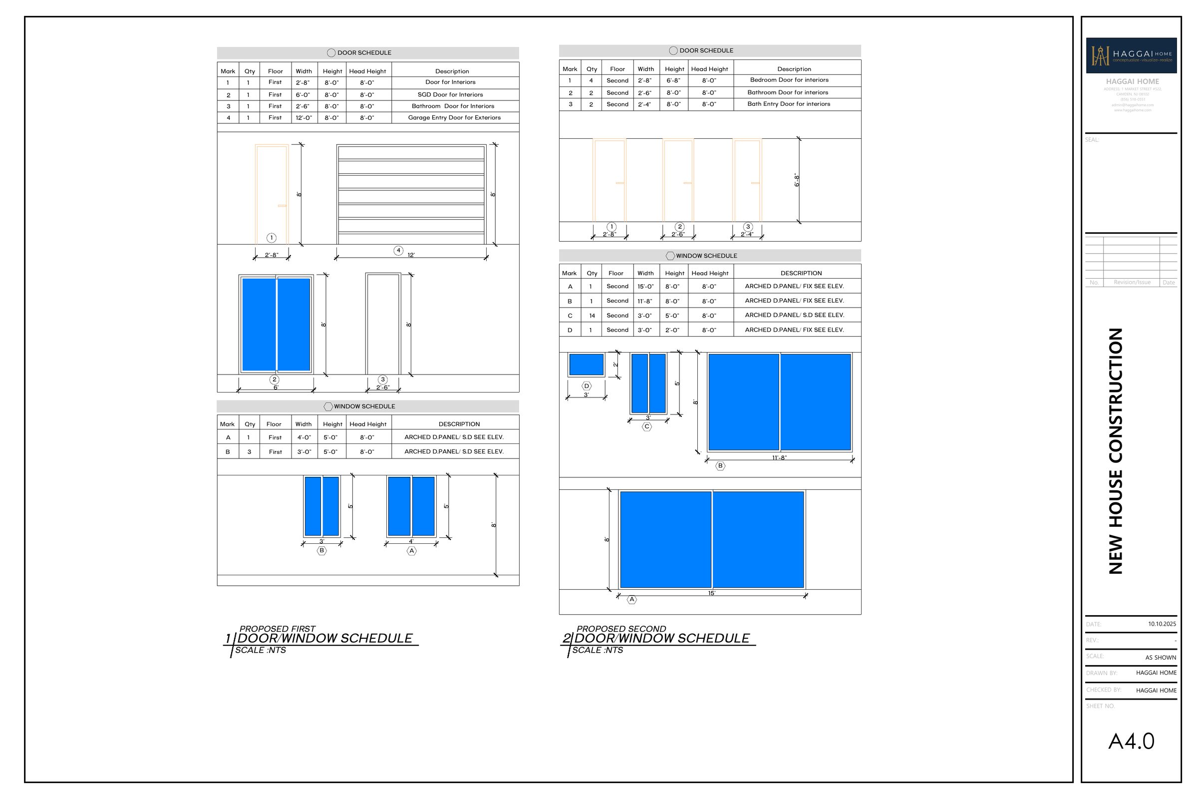 Sheet A4.0, Door and window schedules, from the Learning Linden permit set